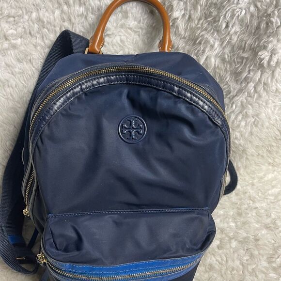 Tory Burch Perry Navy Blue Nylon small backpack royal blue leather trim . main image 12